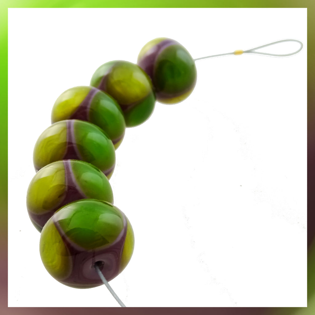 Handmade Glass Bead Set: 6 Lampwork Beads (Violet and Greens)