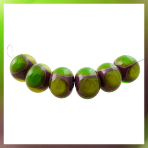 Handmade Glass Bead Set: 6 Lampwork Beads (Violet and Greens)