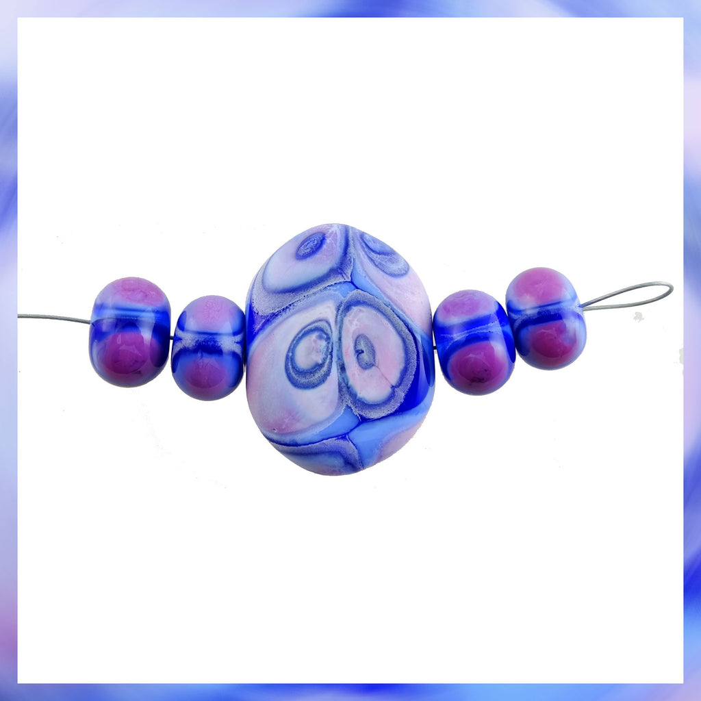 Handmade Hollow Core Glass Bead Set: 5 Lampwork Beads (Blue, Cobalt & Pink-ish)