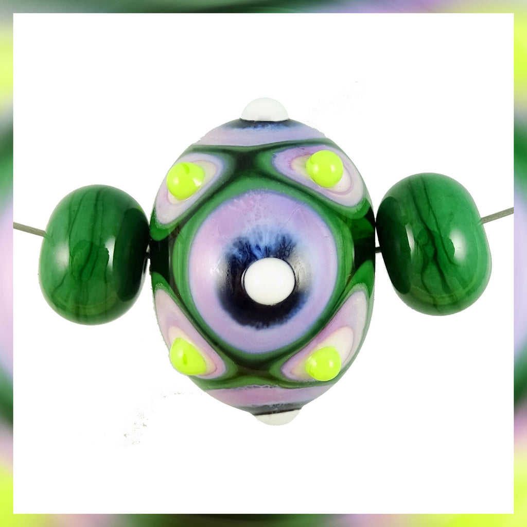 Handmade Hollow Core Glass Bead Set: 3 Lampwork Beads (Greens, Pink & Black)