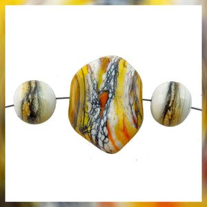Handmade Glass Bead Set: 3 Lampwork Beads (Mustard & Ivory w/ Silver Leaf)