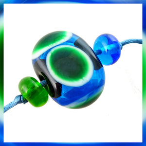 Handmade Hollow Core Glass Bead Set: 3 Lampwork Beads (Transparent Aqua & Mosaic Green)