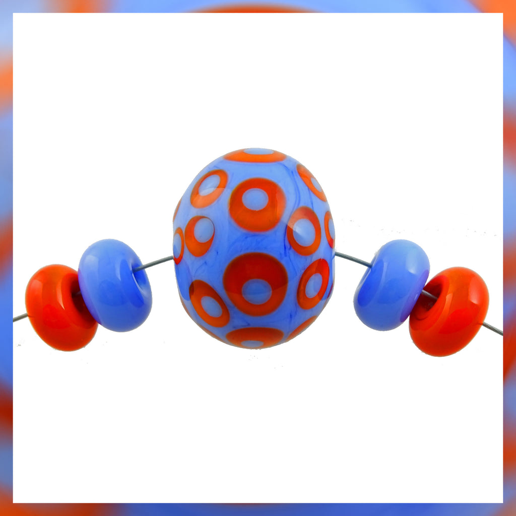 Handmade Hollow Core Glass Bead Set: 5 Lampwork Beads (Dark Periwinkle & Orange/Red)