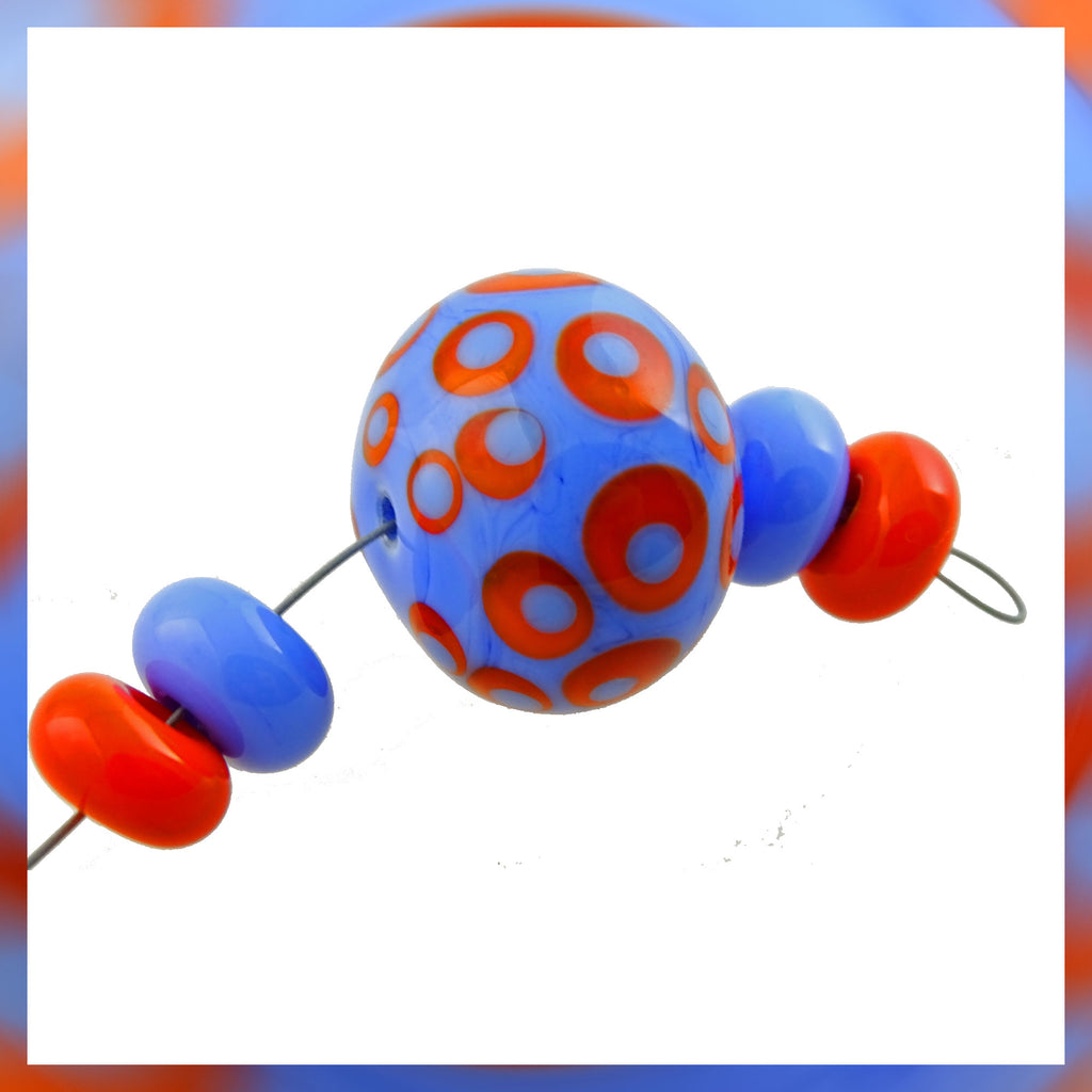 Handmade Hollow Core Glass Bead Set: 5 Lampwork Beads (Dark Periwinkle & Orange/Red)