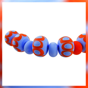 Handmade Glass Bead Set: 9 Lampwork Beads (Dark Periwinkle & Orange/Red) - Matte Finish