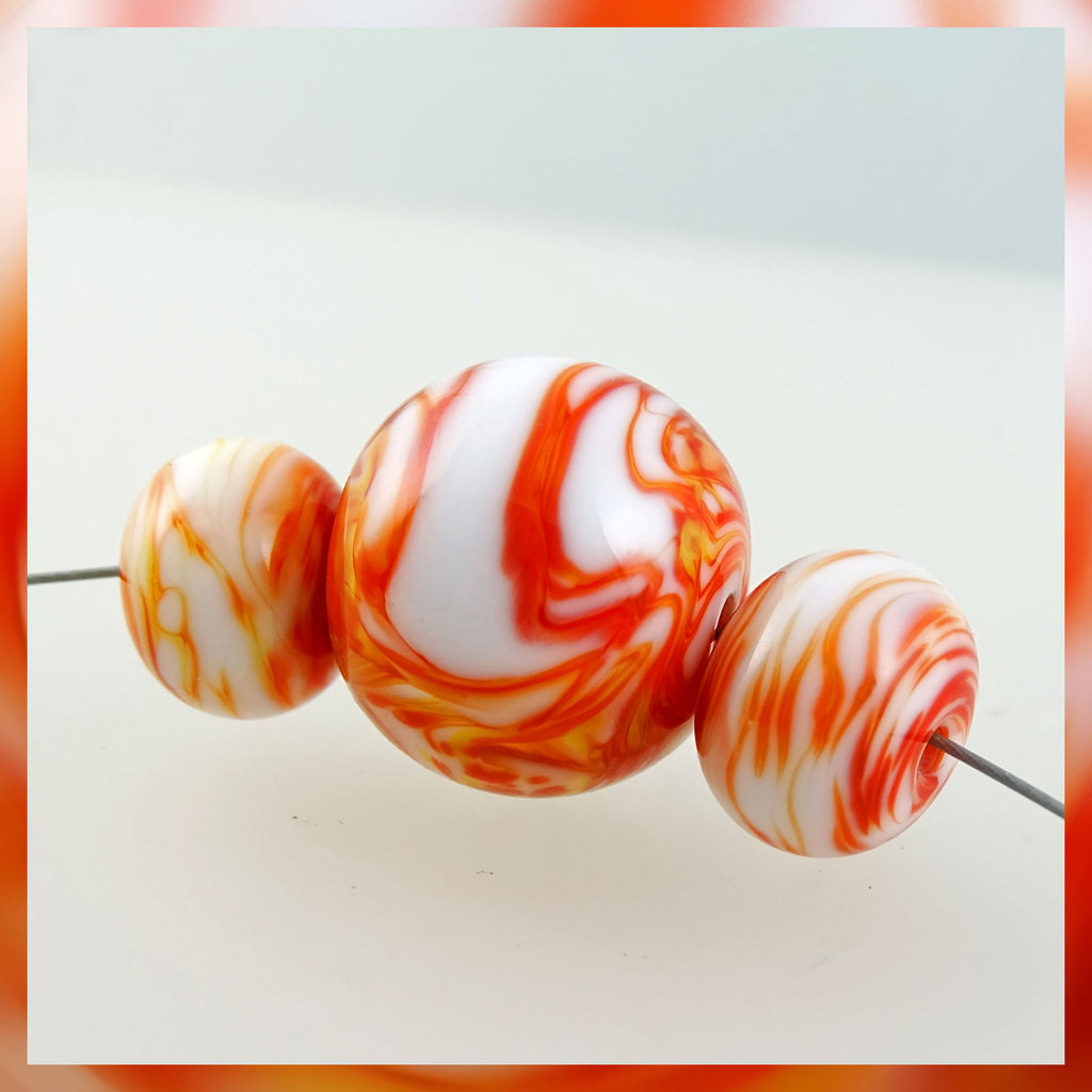 Handmade Glass Bead Set: 3 Lampwork Beads with Orange & White Swirl Decoration