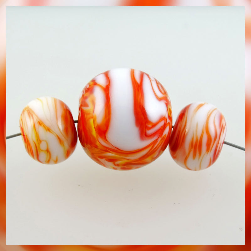 Handmade Glass Bead Set: 3 Lampwork Beads with Orange & White Swirl Decoration