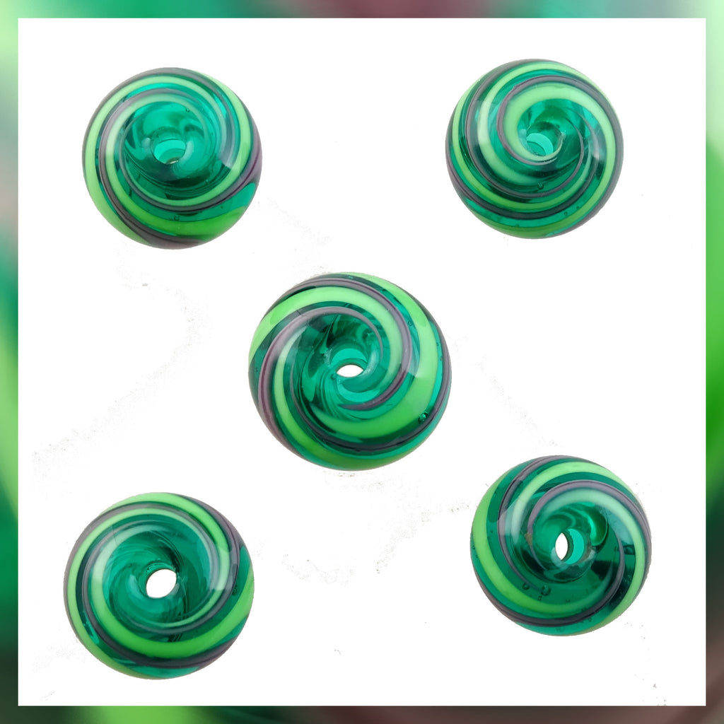 Handmade Hollow Core Glass Bead Set: 5 Lampwork Beads (Greens & Violet)