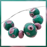 Handmade Hollow Core Glass Bead Set: 7 Lampwork Beads (Forest Green & Violet)