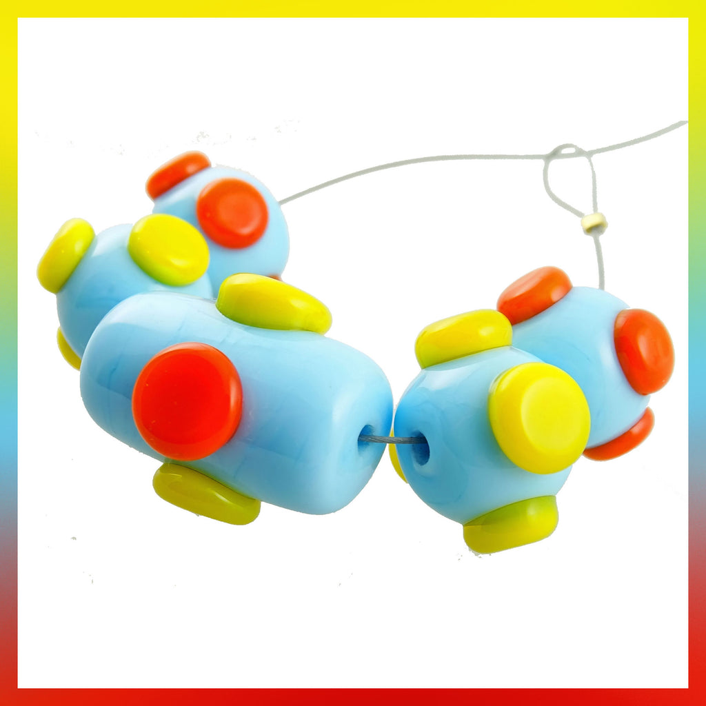 Handmade Glass Bead Set: 5 Lampwork Beads (Sky Blue, Orange & Yellow)