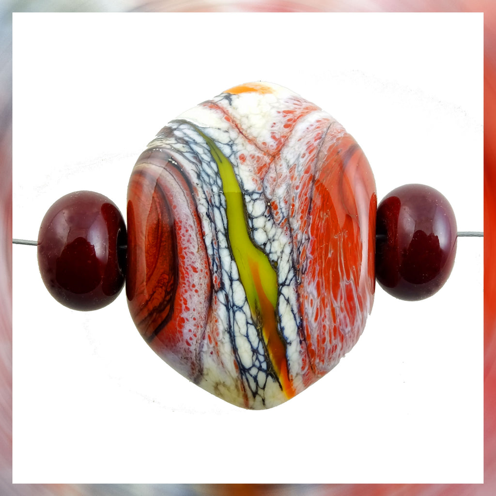 Handmade Glass Bead Set: 3 Lampwork Beads (Shades of Red, Streaks of Yellow & Orange w/ Silver Leaf)