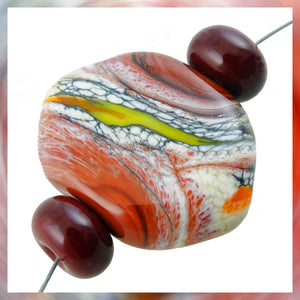 Handmade Glass Bead Set: 3 Lampwork Beads (Shades of Red, Streaks of Yellow & Orange w/ Silver Leaf)