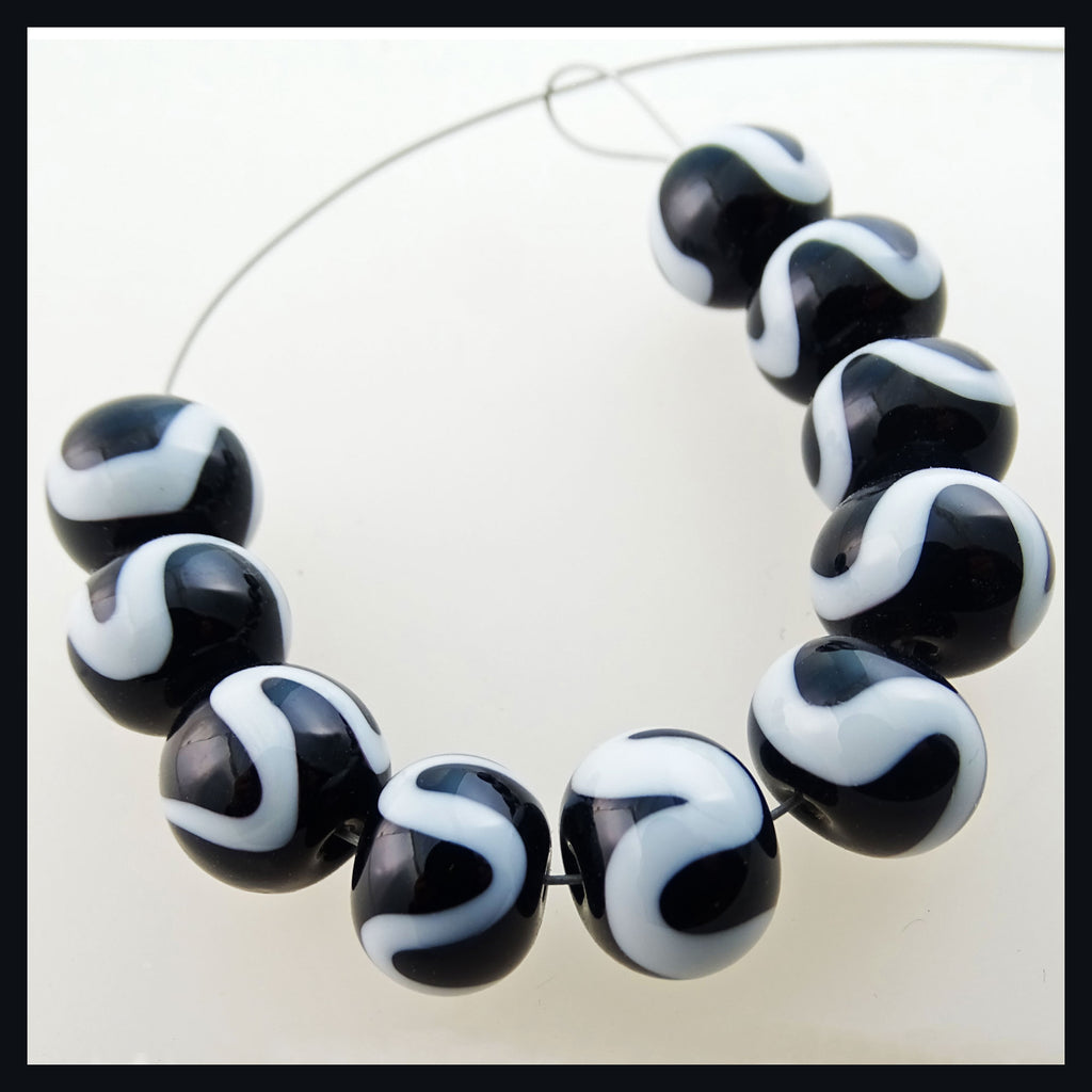 Handmade Glass Bead Set: 10 Lampwork Beads (Black & White)