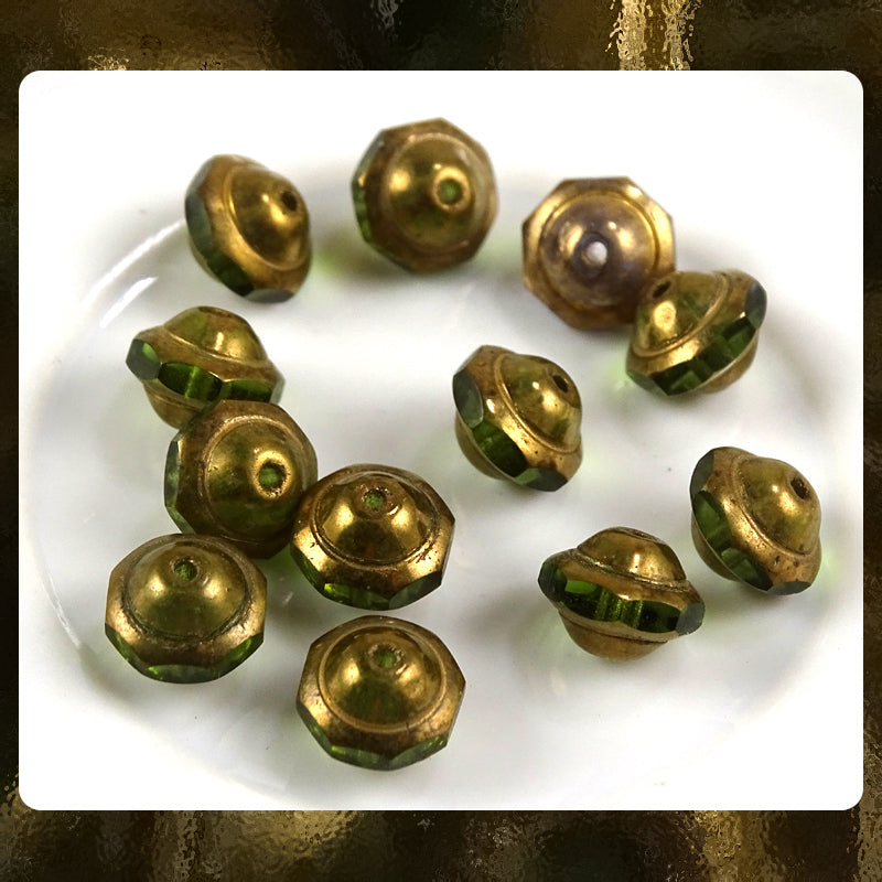 Czech Glass Beads: Saturn Beads - Olive/Ant. Gold - 9 x 8mm (Bag of 12)