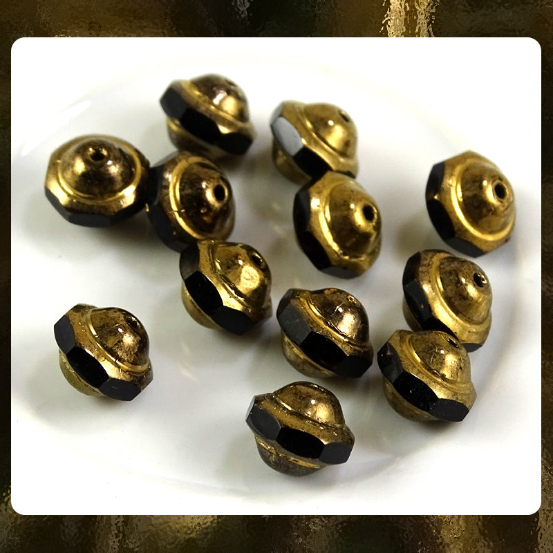 Czech Glass Beads: Saturn Beads - Jet/Ant. Gold - 9 x 8mm (Bag of 12)