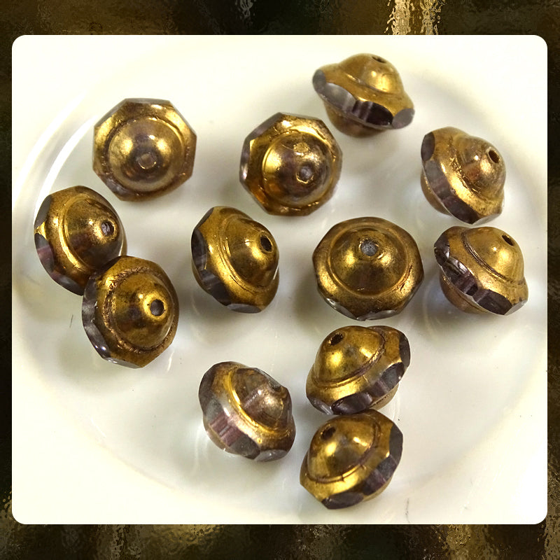 Czech Glass Beads: Saturn Beads - Trans. Smoke/Ant. Gold - 9 x 8mm (Bag of 12)