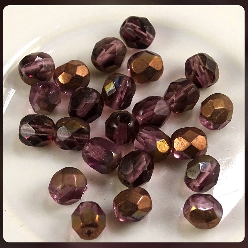 Czech Glass Beads: Trans. Amethyst with Bronze Luster, Faceted Round, 6mm (Bag of 25)