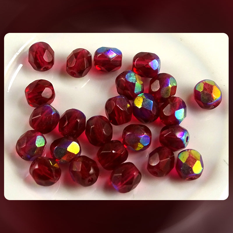 Czech Glass Beads: Trans. Siam Red AB, Faceted Round, 6mm (Bag of 25)