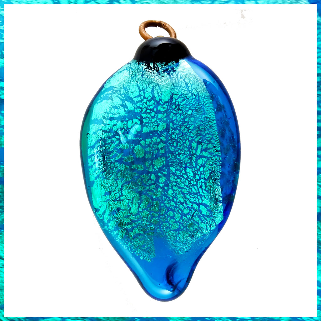 At The Torch! Handmade Glass Pendant - Transparent Aqua Blue with Silver Leaf