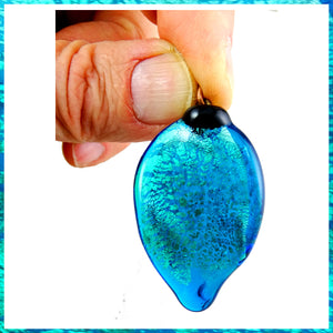 At The Torch! Handmade Glass Pendant - Transparent Aqua Blue with Silver Leaf