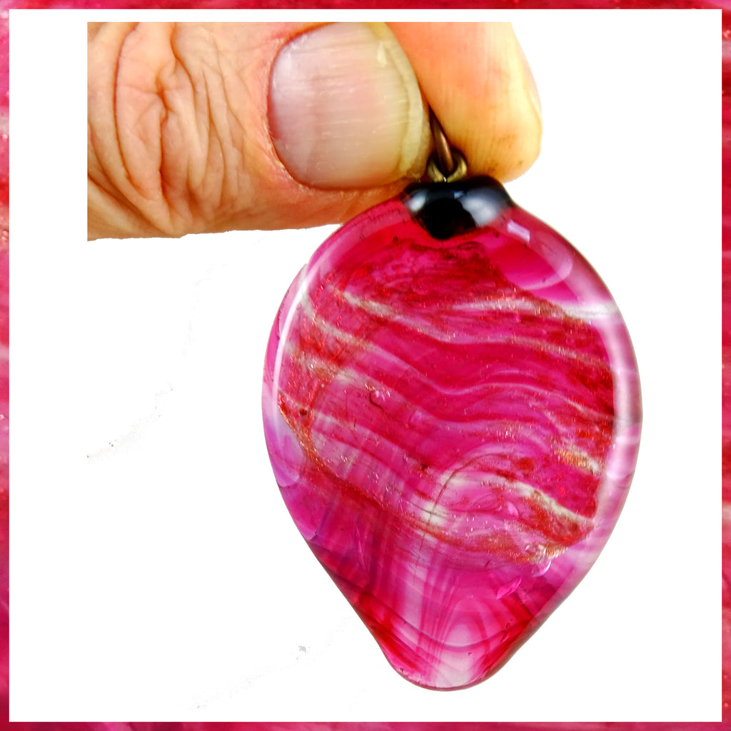 At The Torch! Handmade Glass Pendant - Transparent Cranberry On Silver Leaf