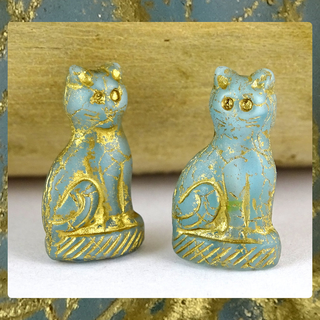 Czech Glass Beads: Gilded Turquoise Cat (Bag of 2 beads)