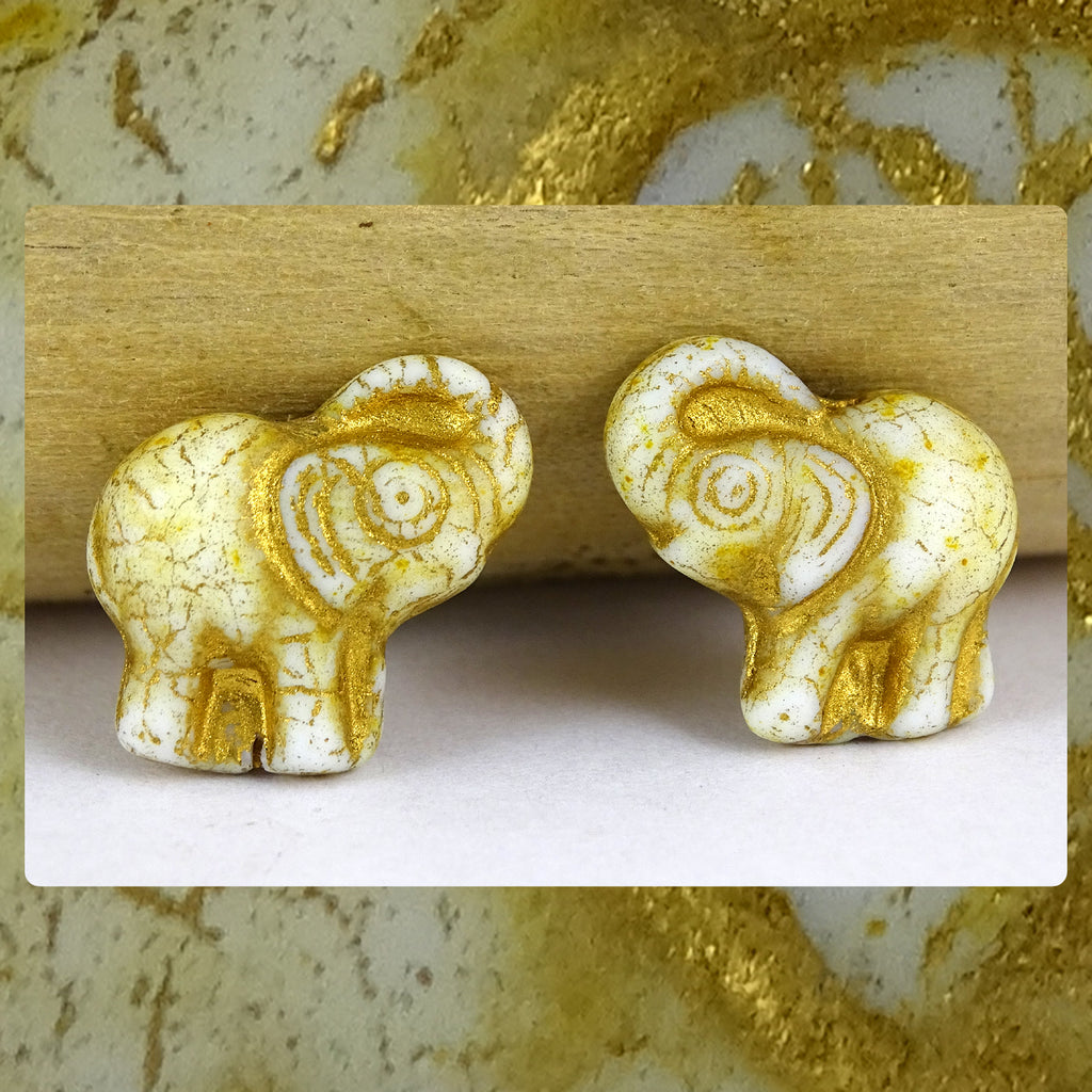 Czech Glass Beads: Gilded Matte White Elephants (Bag of 2 beads)