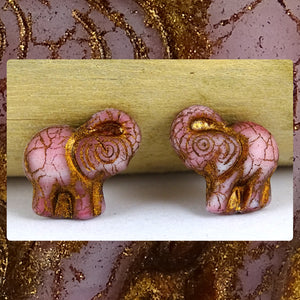 Czech Glass Beads: Gilded Matte Pink Elephants (Bag of 2 beads)