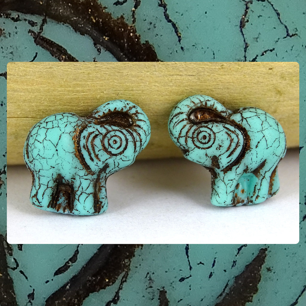 Czech Glass Beads: Gilded Matte Turquoise Elephants (Bag of 2 beads)