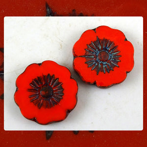 Czech Glass Beads: Matte Bright Red Large Flower (Bag of 2 beads)