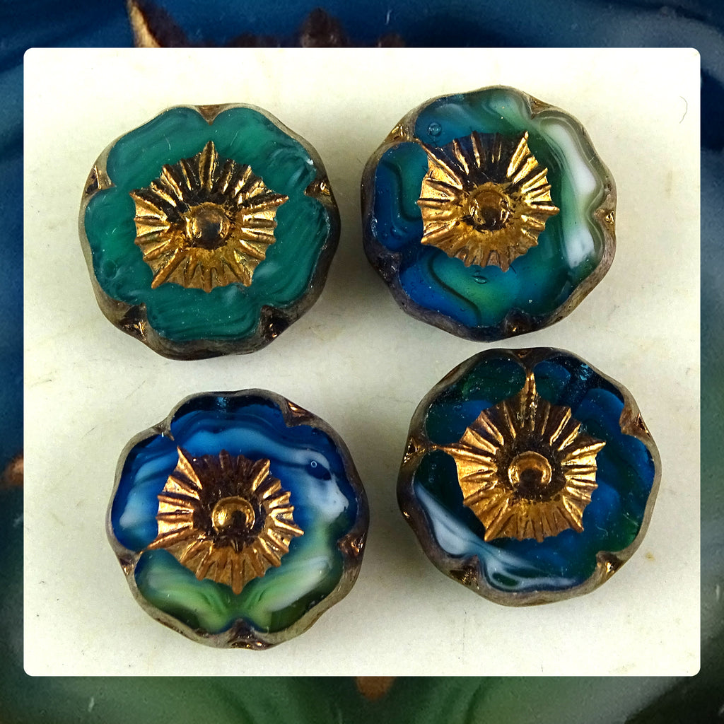 Czech Glass Beads: Gilded Shiny Blue/Green Table Cut (Bag of 4 beads)