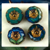 Czech Glass Beads: Gilded Shiny Blue / Green Table Cut (Bag of 4 beads)