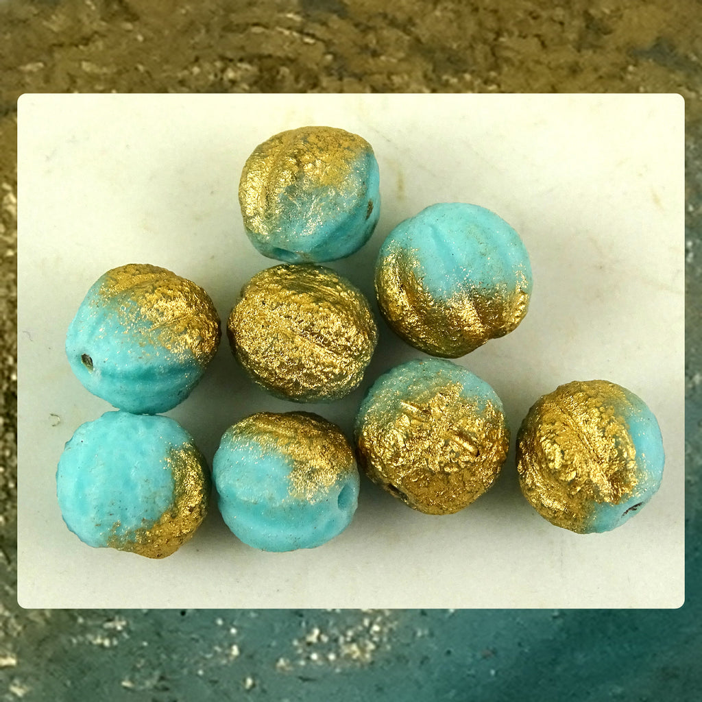 Czech Glass Beads: Matte Gilded Turquoise Melon Beads (Bag of 8 beads)