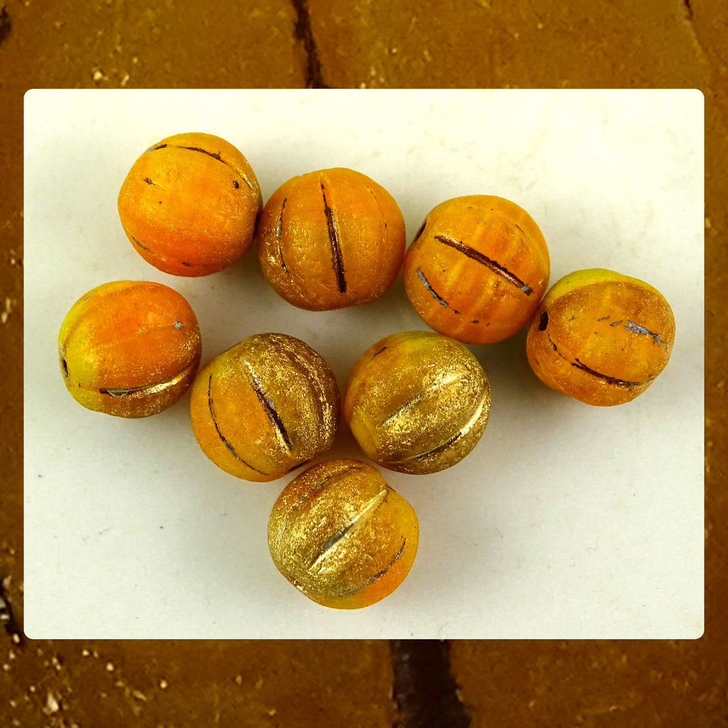 Czech Glass Beads: Matte Gilded Orange Melon Beads (Bag of 8 beads)