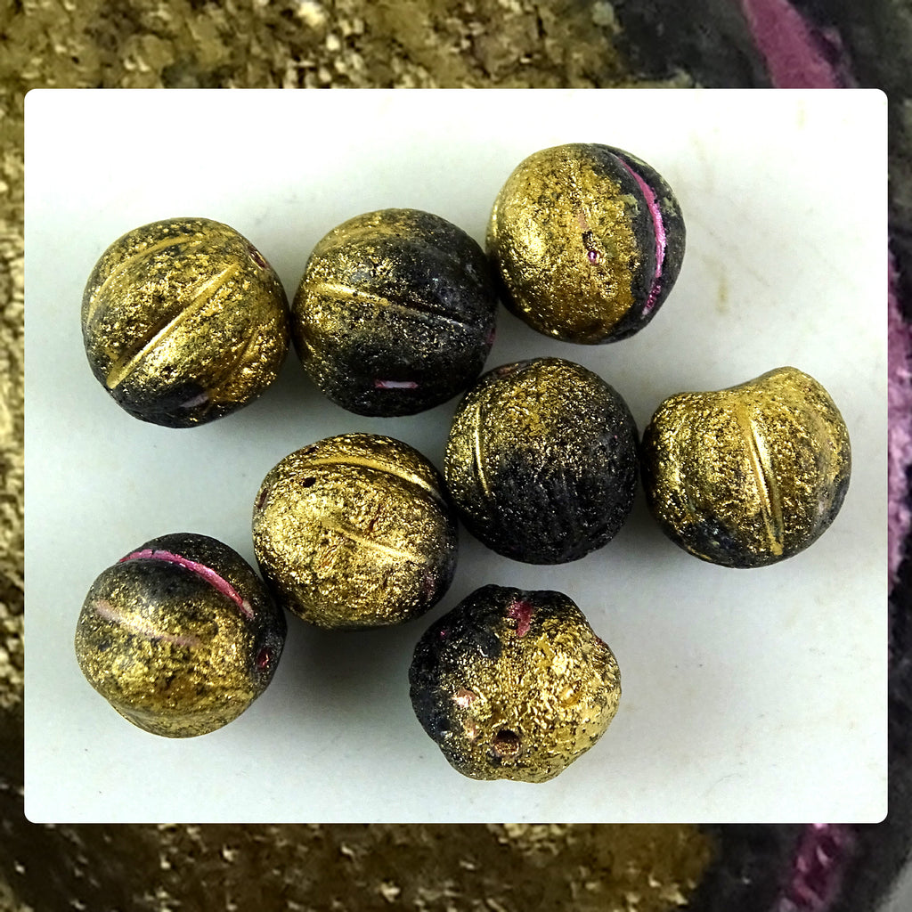 Czech Glass Beads: Matte Gilded Black Melon Beads (Bag of 8 beads)