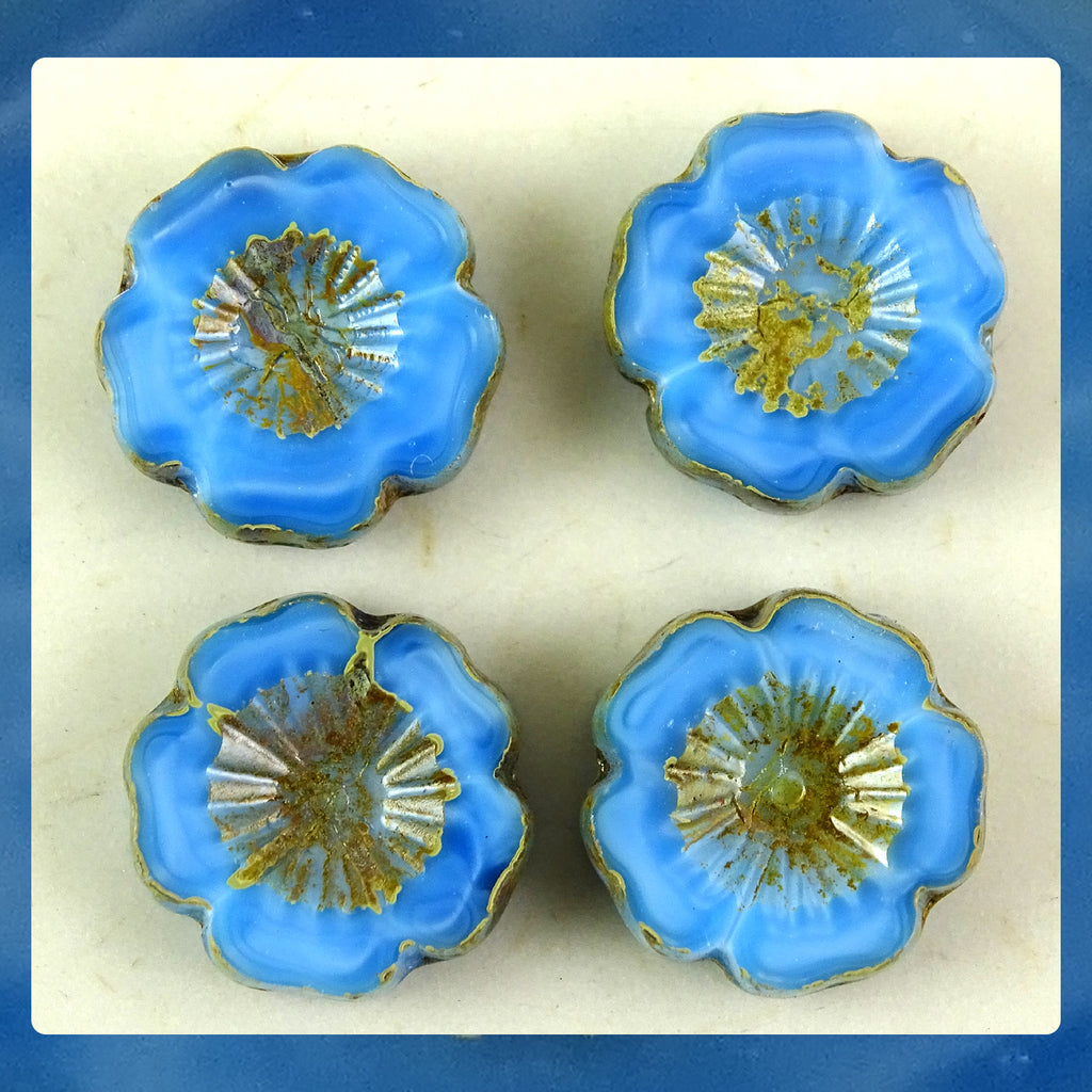 Czech Glass Beads: Medium Blue Hawaiian Flower Beads (Bag of 4 beads)