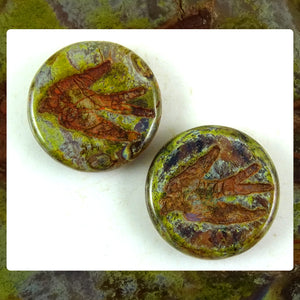 Czech Glass Beads: Green/Gray Bird Coin Beads (Bag of 2 beads)