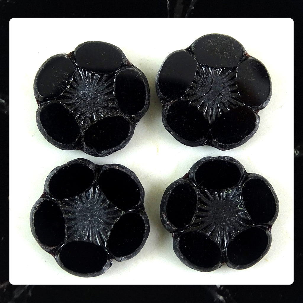 Czech Glass Beads: 5 Petal Flower - Black (Bag of 4 beads)