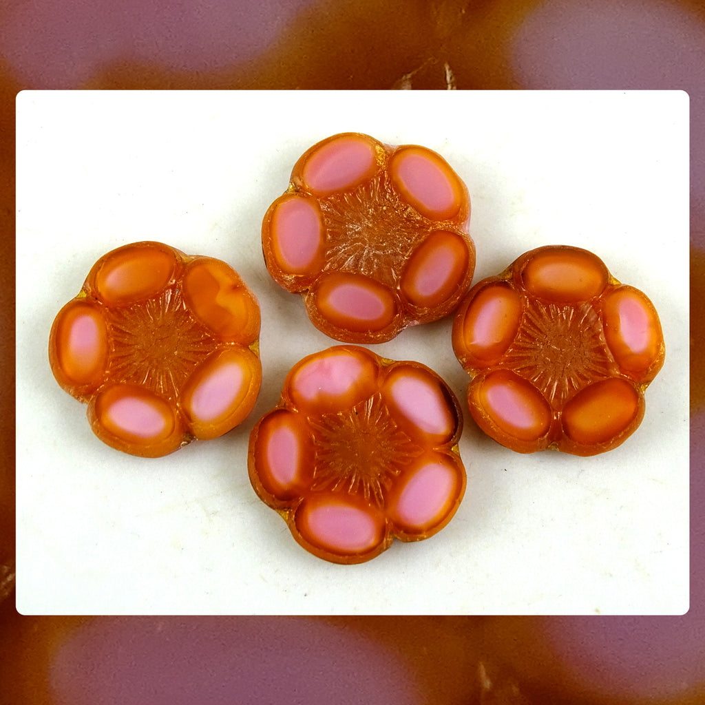 Czech Glass Beads: 5 Petal Flower - Pink (Bag of 4 beads)