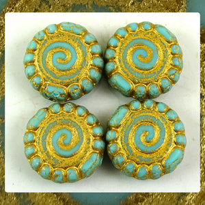 Czech Glass Beads: Gilded Textured Spiral Beads - Matte Turquoise (Bag of 4)