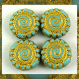 Czech Glass Beads: Gilded Textured Spiral Beads - Matte Turquoise (Bag of 4)