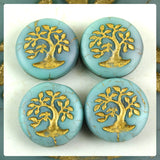 Czech Glass Beads: Matte Gilded Tree of Life Bead - Turquoise Satin (Bag of 4)