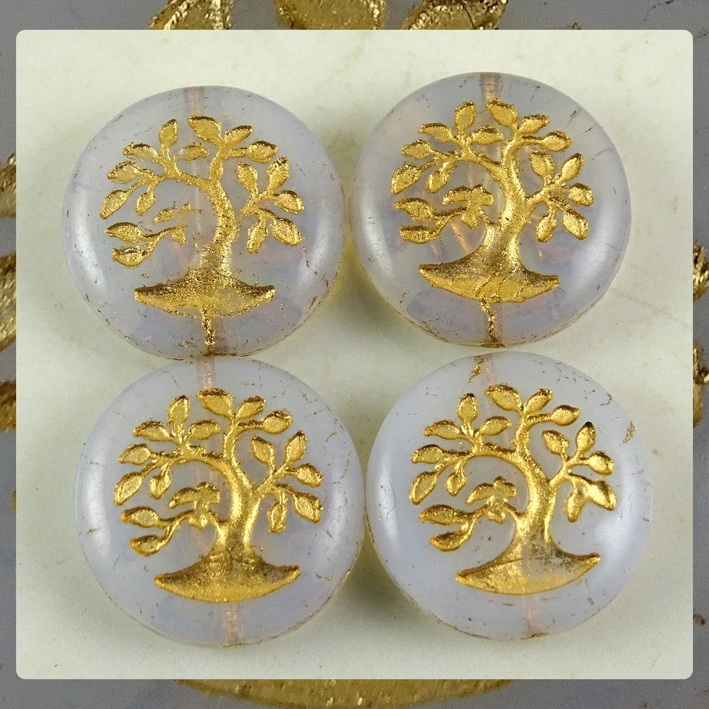 Czech Glass Beads: Matte Gilded Tree of Life Bead - White Alabaster (Bag of 4)