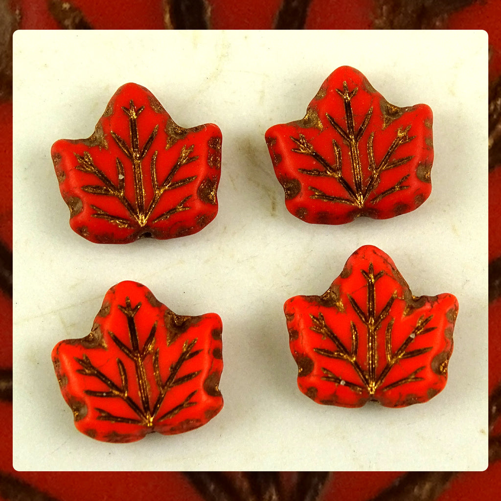 Czech Glass Beads: Maple Leaf - Opaque Red - Semi Matte (Bag of 4)