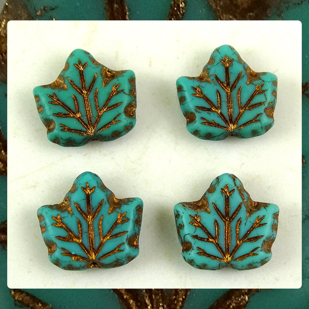 Czech Glass Beads: Maple Leaf - Opaque Patina Blue - Semi Matte (Bag of 4)
