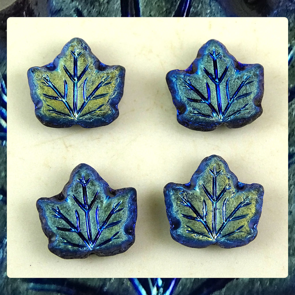 Czech Glass Beads: Maple Leaf – Black Matte AB (Aurora Borealis) – Bag of 4