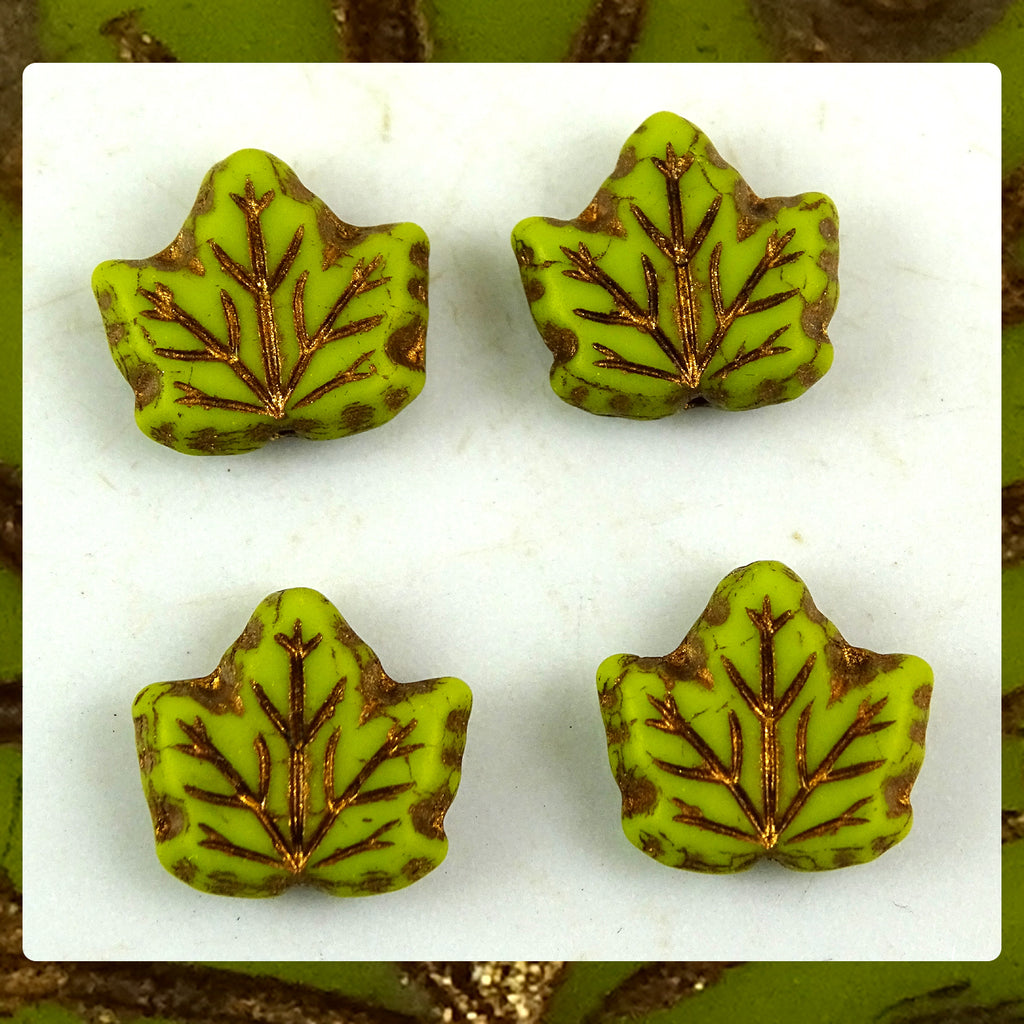 Czech Glass Beads: Maple Leaf – Opaque Light Green – Semi Matte (Bag of 4)