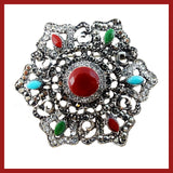 Vintage-Style Brooch: Red, Jade Green and Turquoise