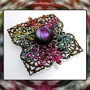 Hand-Painted, Antique Brass, Double Filigree Pendant With Dichroic Glass Center