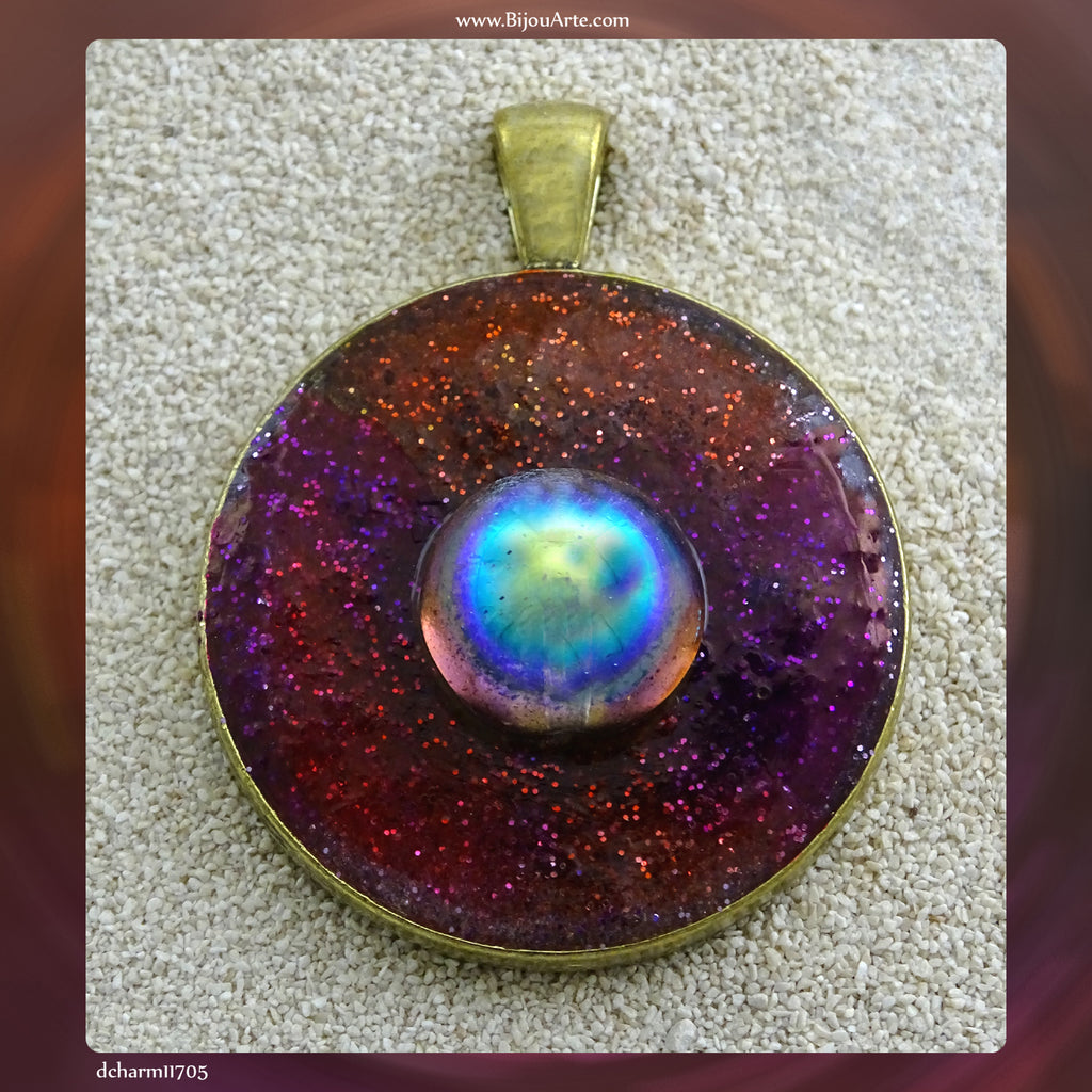 Hand Decorated Resin Pendant With Czech Glass Accent And Gold Plated Bezel